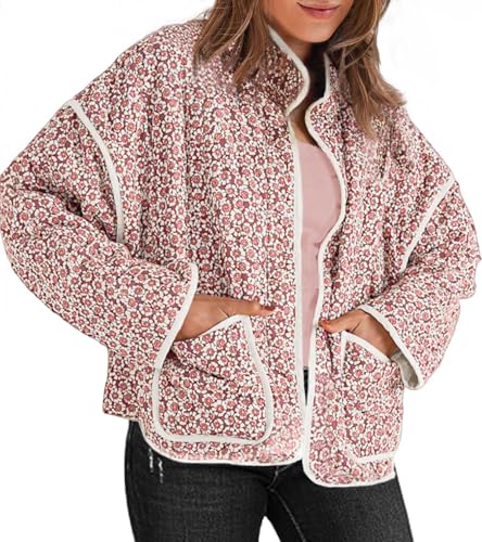 Tankaneo Womens Quilted Lightweight Jackets Floral Print Winter Coats Open Front Cardigan with Pockets