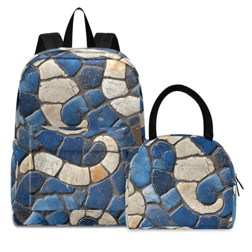 Rock Texture Print Backpack Set with Lunch Bag, Large Capacity Travel Backpacks and Lunch Box Insulated for Commute Hiking Picnic