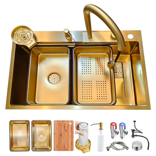 Large 75x50cm Gold Stainless Steel Kitchen Sink with Removable Basin Cup Washer And Chopping Board - Top Installation Rectangular Workstation Sink for Home And Commercial Use