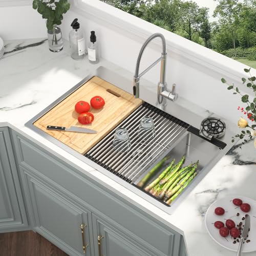 Image of Kichae 30 Kitchen Sink Drop In - 30 inch x 22 inch Drop Sink Stainless Steel 16 Gauge Ledge Workstation Single Bowl Topmount Overmount Kitchen Sink Handmade Basin with Glass Rinser