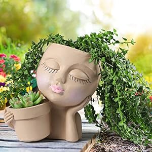 Face Planter Pot Double Flower Pots in One for Indoor Outdoor Plants Resin Head Planter with Drainage Hole Cute Lady Face