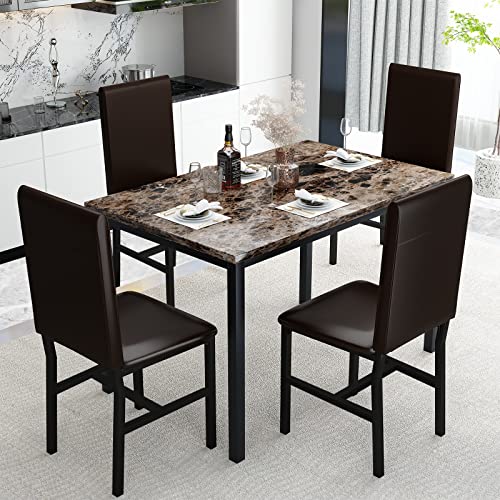 Awqm 5 Piece Dining Table Set For 4,Faux Marble Kitchen Table And Chairs For 4, Modern Dining Room Table Set With Pu Leather Chairs, Dinette For Small Spaces,Breakfast Nook,Living Room, Brown #TOP1