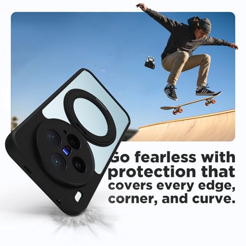 Image of RIGGEAR Shockproof Sleek Hybrid Armor 360 Rotating Magnetic Ring Stand Back Cover Case Compatible with MagSafe Accessories for Vivo X300 (Clear PC + Black TPU Bumper)