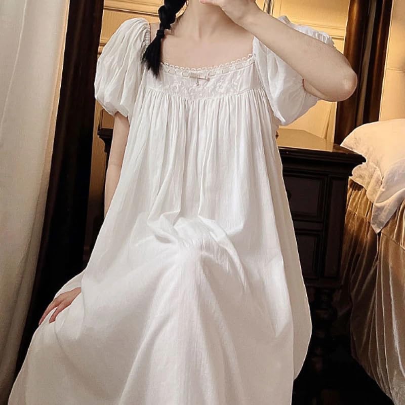 OFFSUM Camisón De Pijama De Mujer - Ropa De Dormir De Algodón Bordado A La Moda Albornoz De Princesa Informal De Talla Grande con Cuello Cuadrado Y Temperamento De Verano