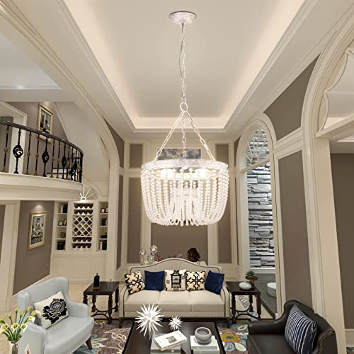 Maxax Round Crystal Chandelier, 3 Lights Adjustable Bead Pendant Lights, Adjustable Farmhouse Ceiling Light Fixture for Dining Room, Bedroom, Living Room, Foyer, Antique Rustic White
