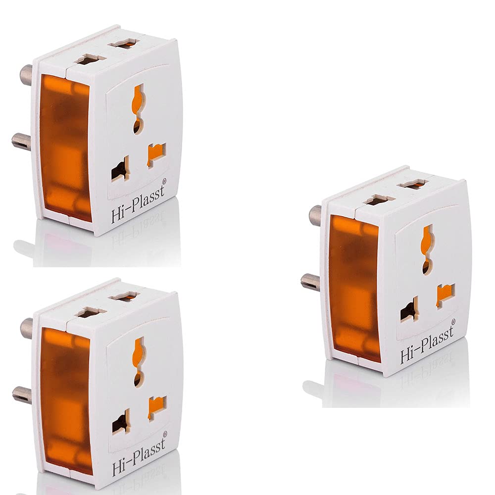Hi-Plasst (Pack of 3) Universal 3-Pin Multi Plug with Type D Socket – 2X 2-Pin & 1x 3-Pin Outlets, US/UK/EU to India Travel Converter Plug, 6A for International Devices (White & Orange)
