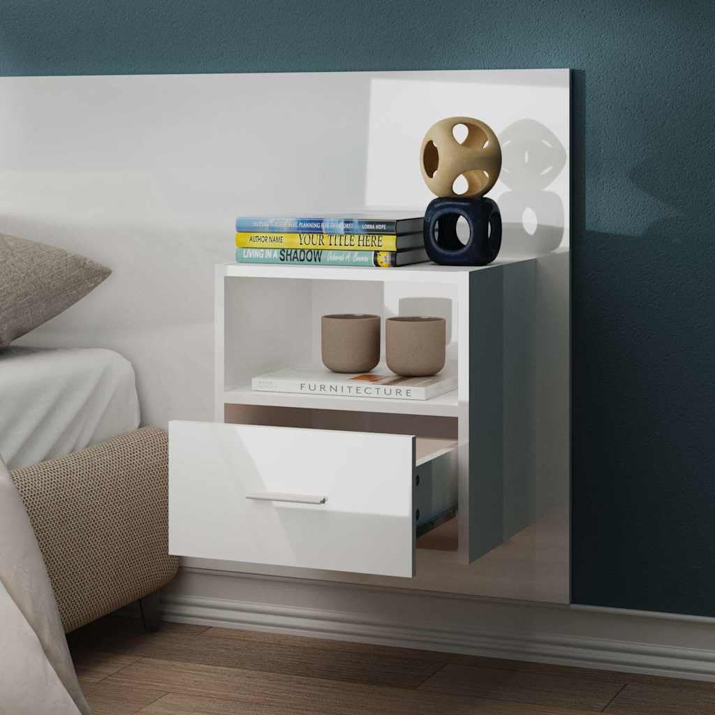 Mesita de noche de pared con cajón, color blanco brillante