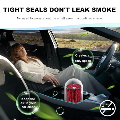 Image of Car Cigarette Ashtray with Lid, Stainless Steel Bling Crystal Diamond Smokeless Fireproof Vehicle Ashtray Holder, Portable Sparkling Ashtray Cup Holder for Car Home Office (Red)
