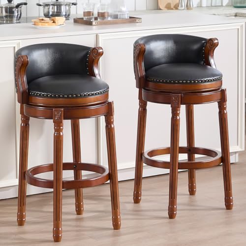 Image of Cow top Leather Wooden Bar Stools, 29.5 inch Bar Height Bar Chair with Back, 180 Degrees Swivel Barstools Chair for Home Kitchen Counter,Dining Room (Black-1pc, Bar Height-Seat Height 29.5 inch)