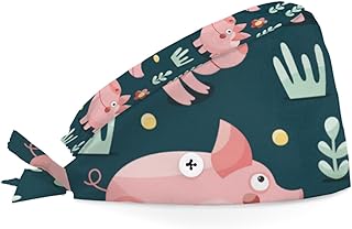 Bouffant Scrub Caps Printed Working Surgical Cap Childish Pig Nurse Hats with Buttons and Sweatband Adjustable Tie Back Hat for Women Men Multi Color