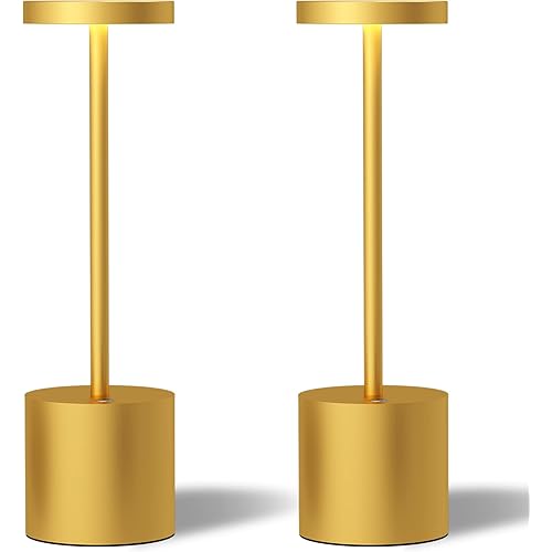 LED Cordless Table Lamps Set of 2,5000 mAh Rechargeable Table lamp,3 Color Stepless Dimming Portable Outdoor Table Lamp,Table Light for Party/Restaurant/Cafe/Patio.(Gold)