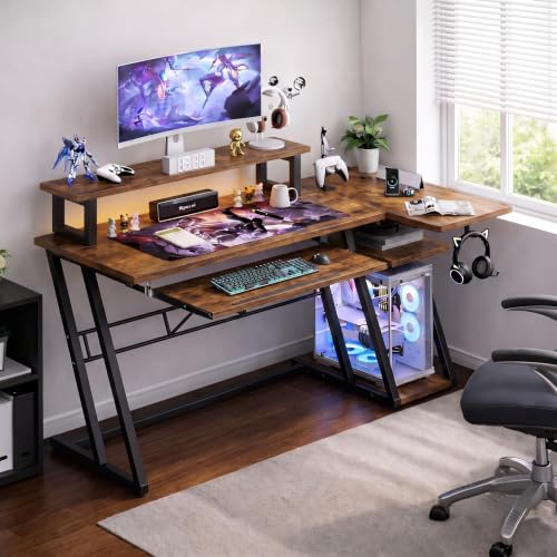 Image of Gaming Desk with Monitor Stand | Computer Table for Home & Office | Ergonomic Study Table with Keyboard Tray CPU Stand & Headphone Hook (Brown) |120x60x90 cm