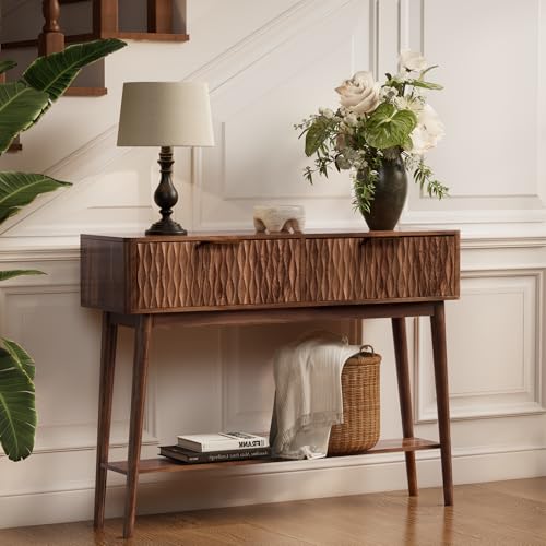 Cooday Console Table with Solid Wood Leg Fluted Entryway Table with Storage Drawers Mid-Century Modern Narrow Console Table for Living Room Hallway Walnut