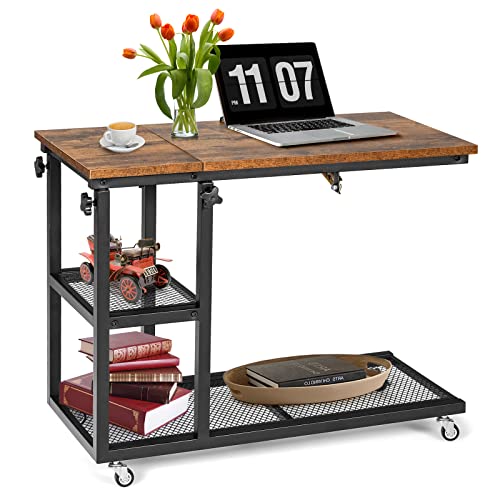 LIFEZEAL Table d'Appoint Réglable en Hauteur avec Roulettes et Freins, Table de Lit à Roulette en Forme de C pour Chambre à Coucher, Salon et Bureau (Marron)