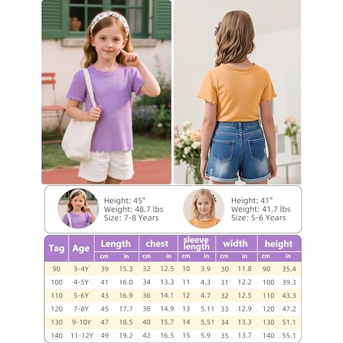 Image of Girls Summer Lettuce Trim Ribbed Knit Short Sleeve T-Shirts Solid Color Casual Blouse Tops