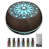 550ml Large Capacity Essential Oil Diffuser with 6 Aromatherapy Oils Set,Ultrasonic Air Humidifier with Timer and 7 Color LED Night Light Waterless Auto-Off Dark Wood Grain