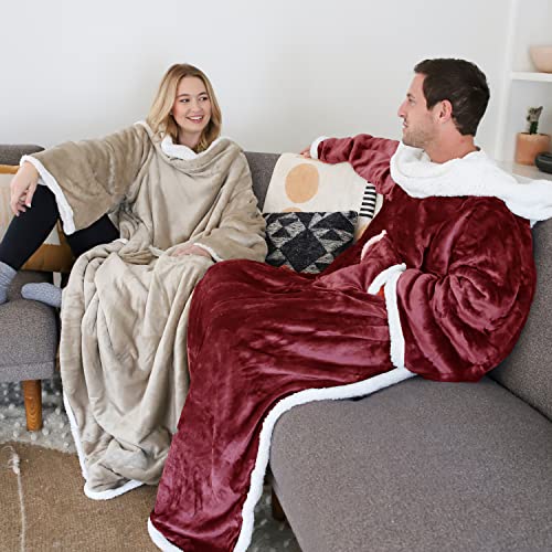 Image of Catalonia Sherpa Wearable Blanket with Sleeves Arms,Super Soft Warm Comfy Large Fleece Plush Sleeved TV Throws Wrap Robe Blanket for Adult Women and Men Wine
