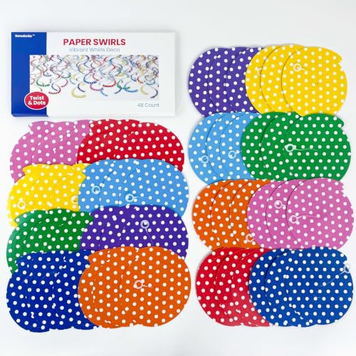 Image of HonuGoGo 48-Piece Paper Swirl Decorations for Ceiling, Bright Polka Dot Multi-Color Single & Double Spiral Hanging Decor with Playful Style for Birthday Parties, Carnival & Classroom Celebrations