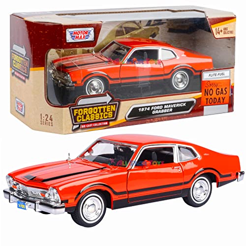 Modelo de auto 1974 Maverick Grabber Orange 1:24 Diecast miniatura 1