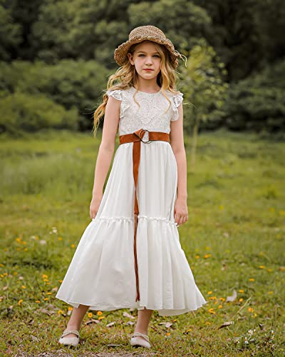 BIBIHOU Girls Lace Flower Ruffle Sleeve Holiday Party Wedding Swing A-Line Maxi Dress2