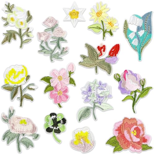 CONJURAIDE 14 Stück Patches zum Aufbügeln, Blumen Aufnäher Bügelbilder Bügel Aufbügel Patches Flicken Sticker Hosenflicken zum Aufbügeln Kinder Bügelpatches für Kleidung Reparatur Deko Textilien