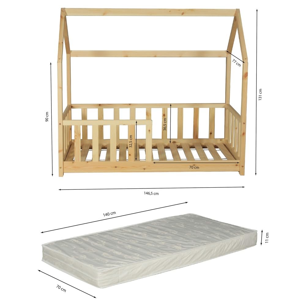WEBER INDUSTRIES Lit cabane Kiwi 70x140 Bois Clair avec Matelas | avec Matelas