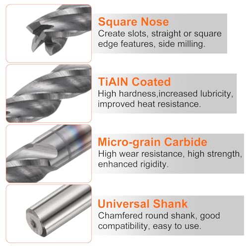 Image of HARFINGTON 5pcs Carbide Square Nose End Mill Bit 1 /8 inch Cut Dia 4 Flutes TiAlN Coated Milling Cutter for Hardened Steel Metal (1 /8 inch Shank 3 /8 inch Cut Length 1-1 /2 inch Long 30 Degree Helix)