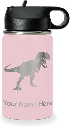 Vista 337 de LaserGram Botella de agua personalizada, dinosaurio tiranosaurio Rex, acero inoxidable de doble pared aislada al vacío con popote superior, regalo