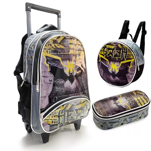 Kit Mochila de Rodinhas Infantil Masculina Escolar Bat Morcego - Cinza