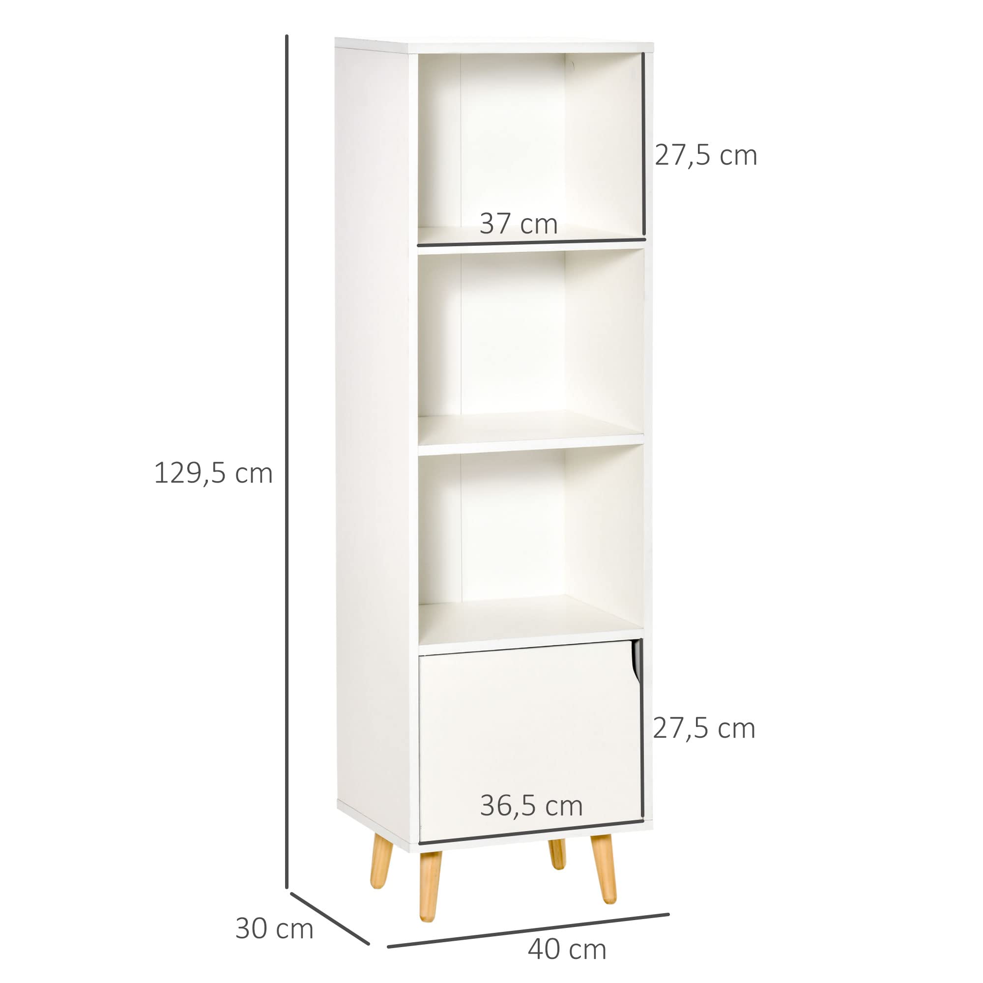 HOMCOM Estantería para Libros con 3 Estantes Abiertos y Cajón Librería Moderno para Almacenamiento Juguetes CDs Plantas 40x30x129,5 cm Blanco