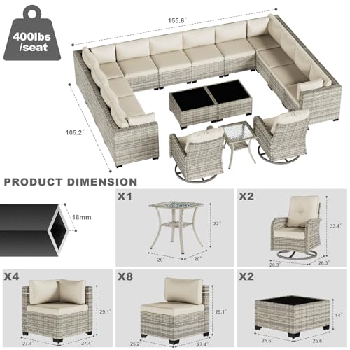 Image of Outdoor PE Wicker Rattan Modular Patio Sectional Sofa Set | 17-Piece: 12 Modular Seats, 2 Coffee Tables, 2 Swivel Rocking Chairs & Side Table, Ivory