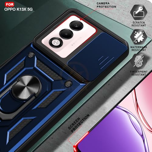 Image of Armor Bumper Back Cover Case for Oppo K13X 5G | Rotating Camera Cover, Ring Holder & Kickstand | Heavy Duty & 360 Degree Protection Oppo K13X 5G Back Cover (Blue)