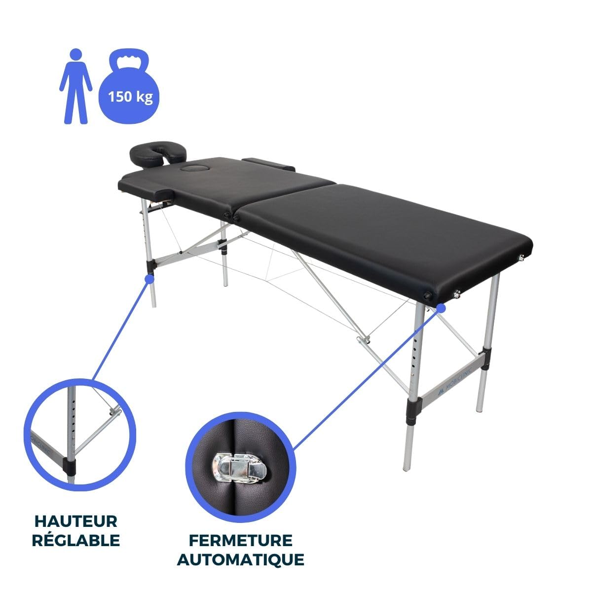 Mobiclinic®, Table de Massage Pliante Aluminium, Portable, Réglable en Hauteur, Appui-Tête, 186x60 cm, CA-01 Light, Sac Transport, Supporte 150 kg, Professionnelle 2 Zones, Noir