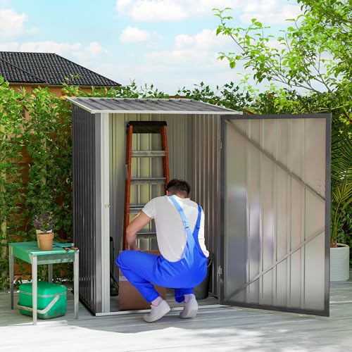 Outsunny 3.3' x 3.4' Outdoor Storage Shed, Metal Garden Tool House with Sloping Roof and Lockable Door for Backyard, Bike, Patio, Garage, Lawn, Gray