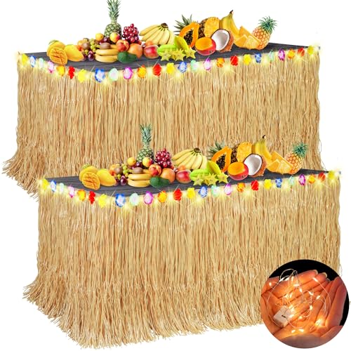 Aneco 2 Pieces 9 Ft x 30 Inches Luau Grass Table Skirts with LED String Light Hawaiian Table Skirt Lighted Grass Skirt Table Fringe for Tropical, Hawaiian Themed, Birthday Party (Natural)