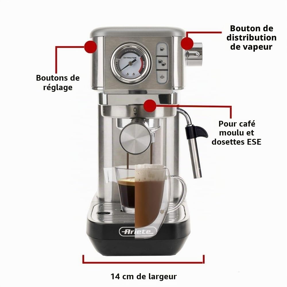 Ariete Espresso Slim Metal 1381, Machine à Café avec Manomètre, Compatible avec Café en Poudre et Dosettes ESE, 15 Bar Max, Filtre 1 ou 2 Tasses, Buse Cappuccino, 1300W, Argent