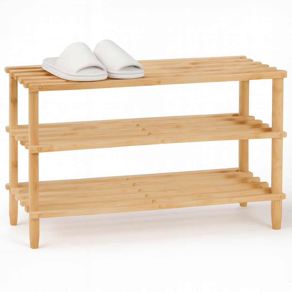 generico Scarpiera in Legno a 3 Ripiani, Panca Scarpiera – Scaffale Porta Scarpe Salvaspazio per Ingresso, Corridoio o Camera – Organizer da 26x63x48 cm, Design Legno Naturale Rustico Robusto