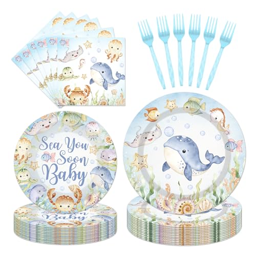 EUOYUFO 96Pcs Sea You Soon Baby Shower Paper Plates Napkins Forks Under The Sea Baby Shower Party Tableware Ocean Theme Gender Reveal Supplies Serve 24 Guests