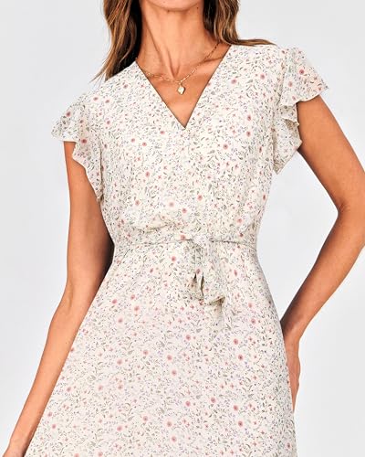 Image of BTFBM Women Summer Bohemian Floral Casual Wrap V Neck Ruffle Cap Sleeveless Belt A-Line Pleated Hem Midi Sun Dress White
