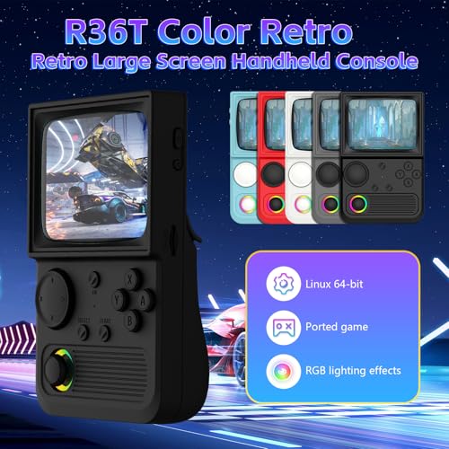 Image of R36T Retro Game Console, Handheld Game Console with 3.5in IPS HD Screen, Video Game Consoles Supports WiFi Networked Fighting and OTG, 3500mAh Battery, 64GB TF Card, Black