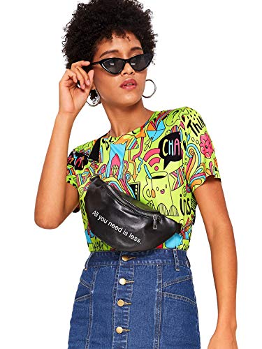 SheIn Women's Casual Crew Neck Short Sleeve Fitted Graphic T-Shirt Tee Tops Comics Light Green L