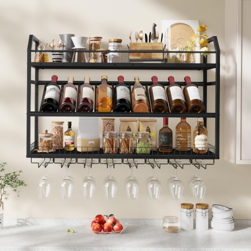 Image of Hoctieon Wall Mounted Wine Rack, 31.5 inch Wall Wine Rack for Display and Storage, Hanging Bottle Holder, for Living Room, Dining Room, Bar, Wine Cellar, Black