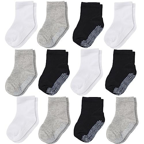 Image of CozyWay Baby Anti Slip Crew Socks 12 Pairs with Grips for Toddlers Little Boys Girls Infants Kids Non Skid