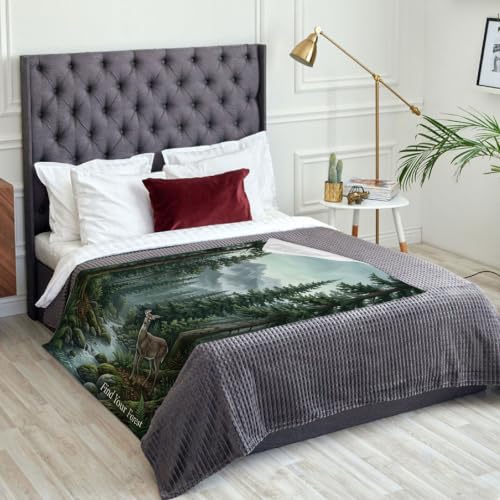 Couverture motif cerf plaid automne vert pour canapé et lit cocooning