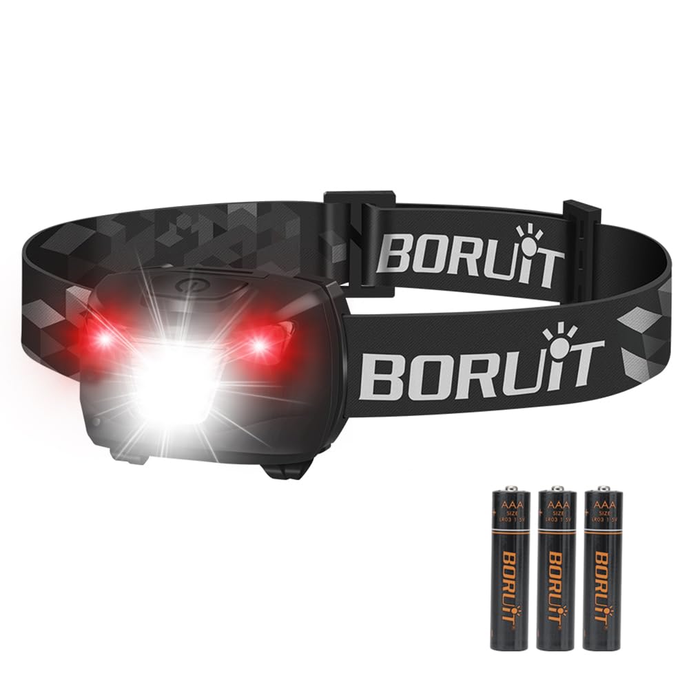 BORUIT BR01 Head Torch Battery Powered Red White Light, AAA Headtorch Super Bright, 4 Modes LED Headlamp for Kid Adult Camping Running Fishing, IP66 Waterproof Headlight