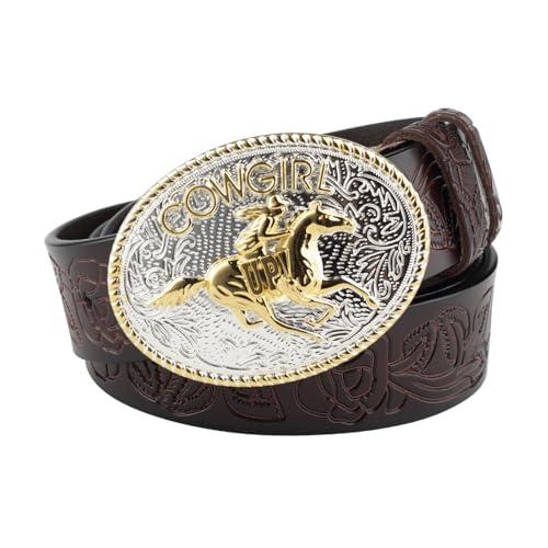 Cowboy Belts for Women Western Buckle Belt Cowgirl Country Embossed Leather Belt for Jeans Pants