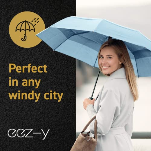 Eez-Y Windproof Travel Umbrellas For Rain - Lightweight, Strong, Compact With & Easy Auto Open/Close Button For Single Hand Use - Double Vented Canopy For Men & Women - Light Blue #TOP6
