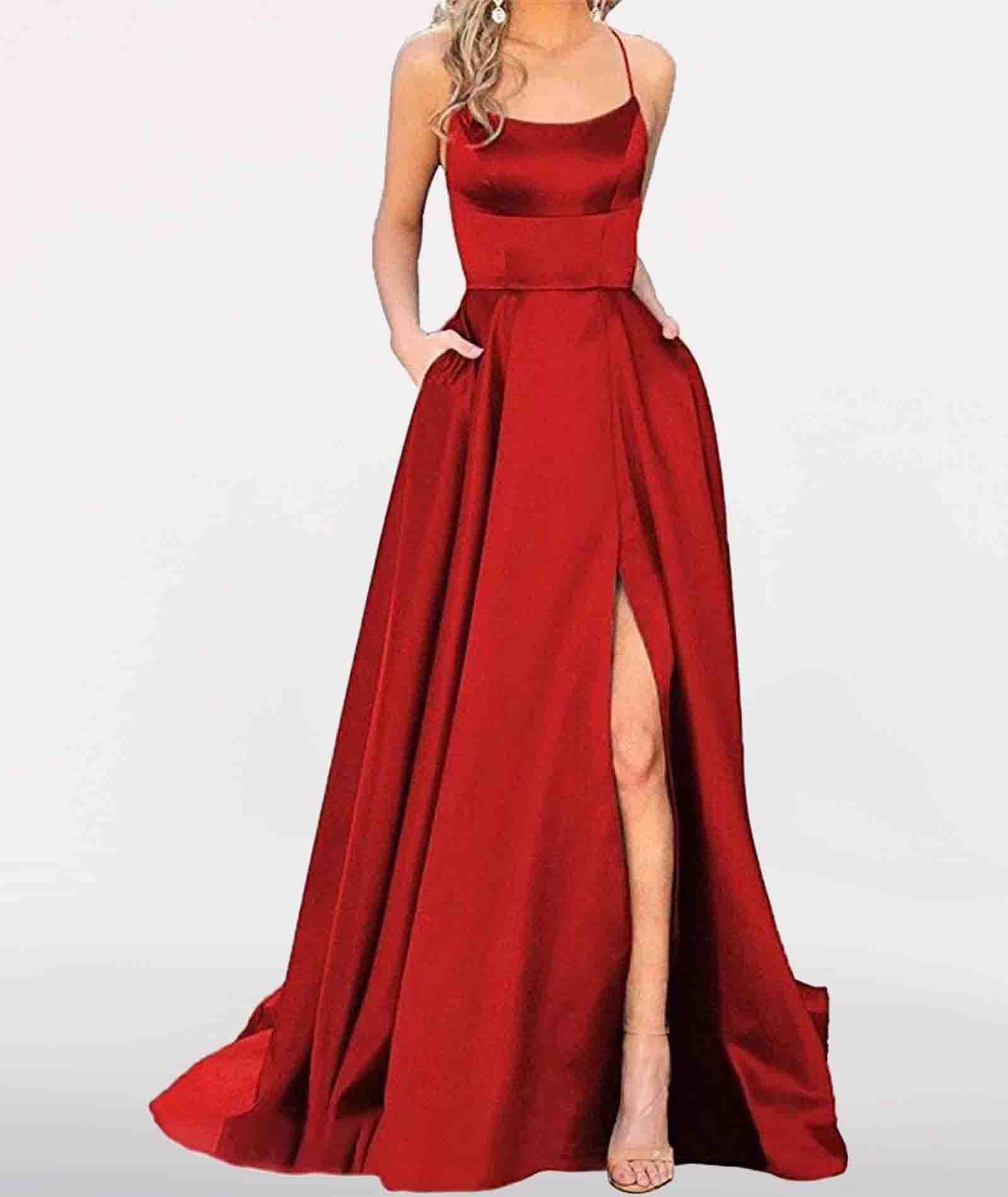 HAHAEMMA Vestido largo para mujer, elegante, con bolsillos, de satén, línea A, sin espalda, vestido de noche, vestido de noche, sexy, espagueti, vestido de novia, vestido largo de princesa de dama de