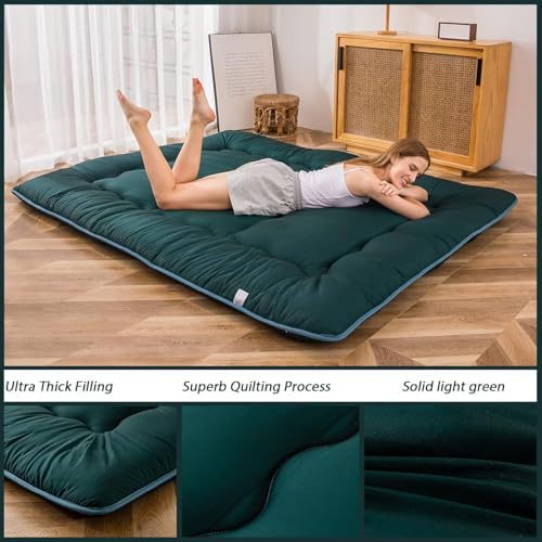 Image of MAXYOYO Japanese Floor Mattress Futon Mattress, Thicken Sleeping Pad Foldable Roll Up Floor Futon for Adults Tatami Mat Dormitory Couch Lounger, Dark Green, Full Size
