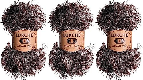 Image of Eyelash Fun Fur Yarn Premium 100% Polyester 164 Yds (150 Mt), 3.53 Oz (100 Gr) Colorful Crochet Yarn Dıy Hand Knitting (Brown White, 3 Skein)